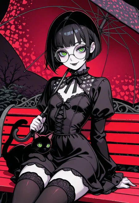 masterpiece, best quality, 32k, high resolution, absurdres, vector art, flat colors, s1n0p0pe, in the style of Jedpstgl, Impressionism,  Vaporwave,Pixel Art, Polly, PollyRH, short hair, bobcut, black hair, bangs, green eyes, small breasts, almost flat chest, slim, pale skin, big round eyeglasses, clear eyeglasses lenses, red, lip gloss, short goth dress, dark background, creepy background, abstracts, cowboy shot, looking at the viewer, holding an umbrella, hearts pattern umbrella, smiling, sitting on a bench, metal bench, thighhighs, black cat, goth attire, cuddling the cat,