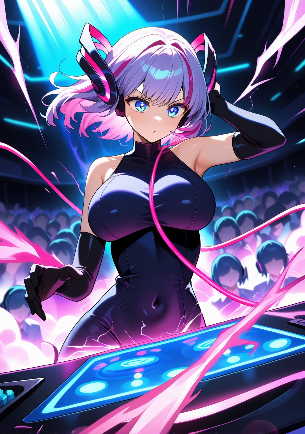 masterpiece, best quality, absurdres, perfect lighting,scenery,volumetric lighting,shiny skin,<lora:spo_sdxl_10ep_4k-data_lora_webui:0.7>,1girl,large breasts,tomochin,blue eyes,short hair, multicolored hair,streaked hair,purple hair,pink hair,<lora:tomochin_illu:1>,headphones,neon light,smoke,dynamic pose,floating hair,passionate,DJ,(psychedelic:1.2),dynamic pose,1hand on own head,light beamdim,music,cable,god rays,indoors,,passionate,energetic,intense,electrifying,exhilarating,explosive,rousing,crowd,light rays,electricity,flowing