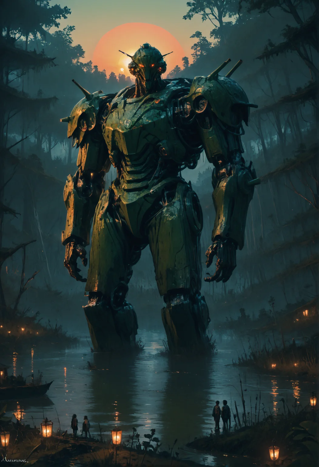 score_9, score_8_up, score_7_up, <lora:MechaForge-000003:1> m3chaf0rge, giant, giant mech, mecha, bipedal mech, science fiction, sunset, full body, legs, swamp, wetland, people,