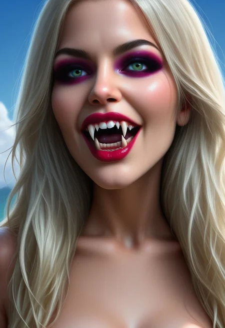 concept art, realistic, 1girl, ((solo:1.8)), 18 years old.
Gorgeous sexy female. Beautiful feminine face,
Sexy makeup, VampFang, Fangs. Long Fangs