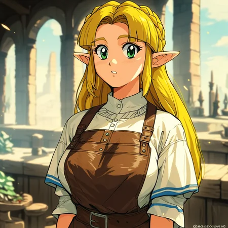 source_anime, BL4CKSM1TH, apron, leather((score_9)),score_8_up,score_7_up,score_6_up,score_5_up,score_4_up, retro_artstyle, anime style, 1woman, Princess Zelda, blonde hair, large breasts, (green eyes), looking at viewer, facing viewer, masterpiece, best quality, highres, best illumination, depth of field,
