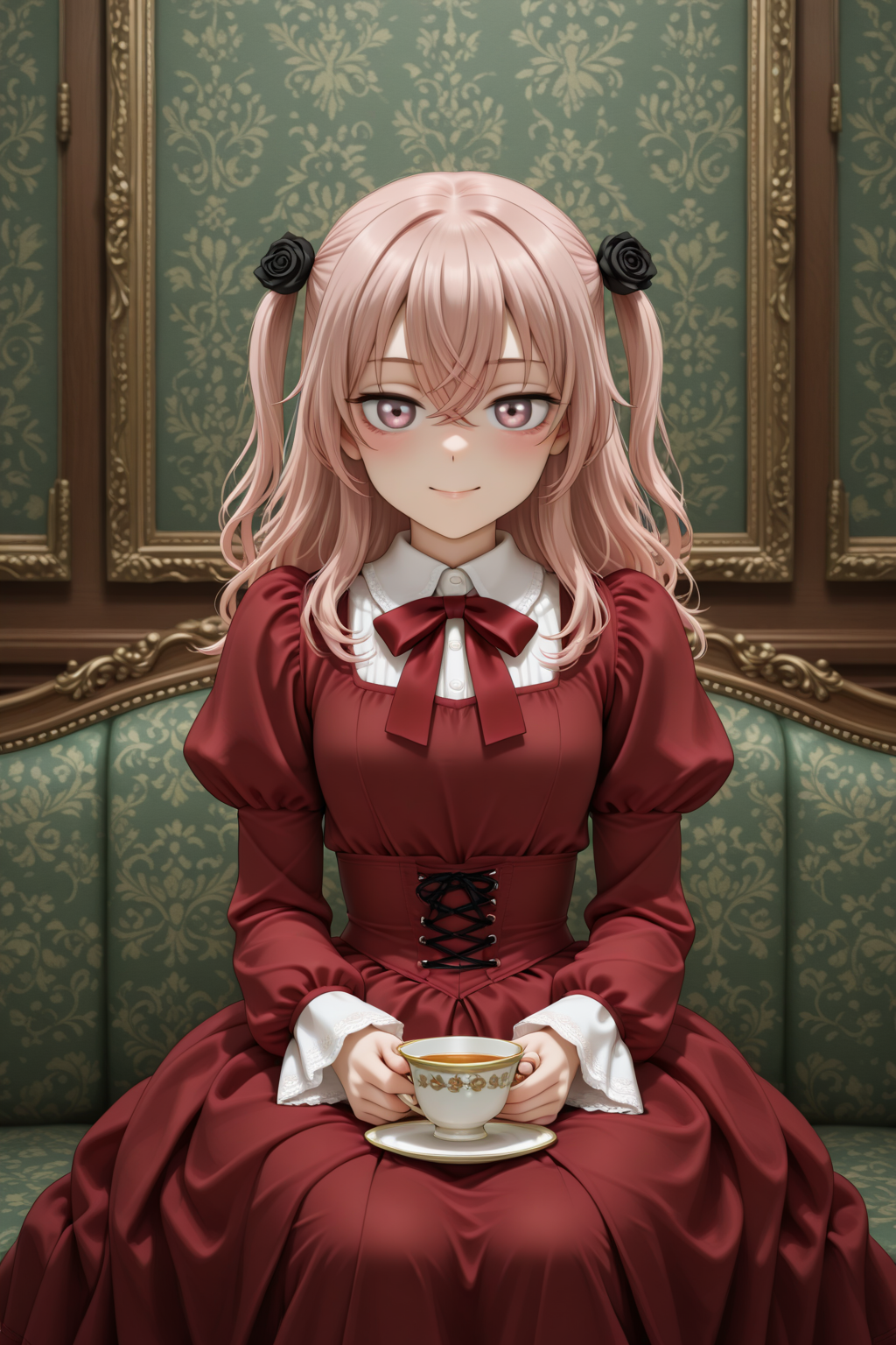 masterpiece, best quality, amazing quality, 1girl, solo, makeup, general, looking at viewer, blush, cowboy shot, smile, indoors, fancy, blush, lovely, sitting, mansion, living room, tea time, holding tea cup, looking at viewer, <lora:sajuna-inui-s1-illustriousxl-lora-nochekaiser:1>, sajuna inui, inui sajuna, long hair, bangs, hair ornament, hair between eyes, pink hair, pink eyes, two side up, crossed bangs, black flower, black rose, mature female, small breasts, <lora:Victorian_Whim_Velvet_Dress:1>, Victorian_Whim_Velvet_Dress, long dress, red dress, puffy long sleeves, juliet sleeves, frills, red bow, red ribbon, floral print, cross-laced clothes, corset, <lora:wai-2Rectified-V140:1>, <lora:illustrious_noobai_epsilon_pred_1_masterpieces_v1:1>