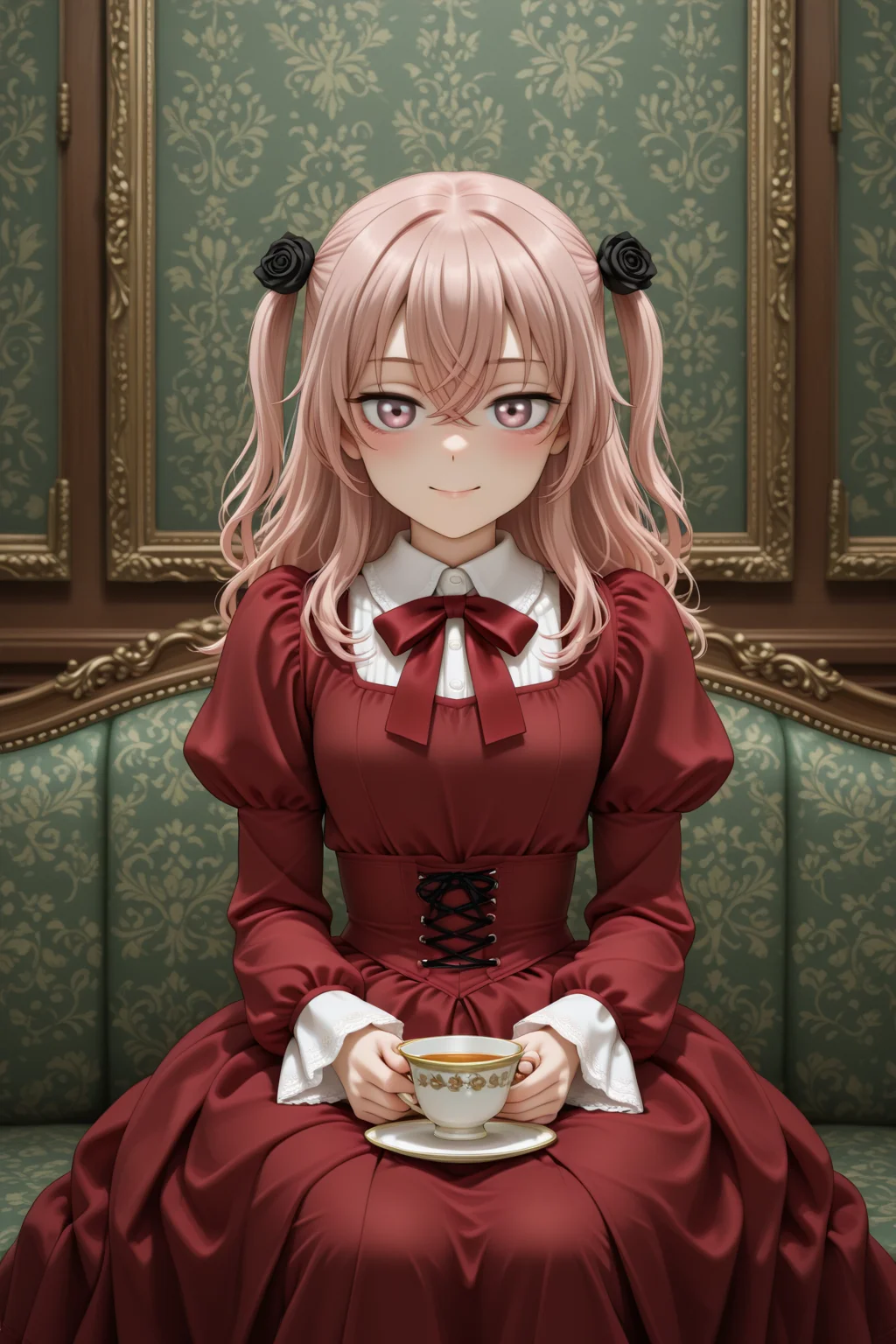 masterpiece, best quality, amazing quality, 1girl, solo, makeup, general, looking at viewer, blush, cowboy shot, smile, indoors, fancy, blush, lovely, sitting, mansion, living room, tea time, holding tea cup, looking at viewer, <lora:sajuna-inui-s1-illustriousxl-lora-nochekaiser:1>, sajuna inui, inui sajuna, long hair, bangs, hair ornament, hair between eyes, pink hair, pink eyes, two side up, crossed bangs, black flower, black rose, mature female, small breasts, <lora:Victorian_Whim_Velvet_Dress:1>, Victorian_Whim_Velvet_Dress, long dress, red dress, puffy long sleeves, juliet sleeves, frills, red bow, red ribbon, floral print, cross-laced clothes, corset, <lora:wai-2Rectified-V140:1>, <lora:illustrious_noobai_epsilon_pred_1_masterpieces_v1:1>