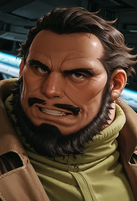 znnrmn, 1boy, solo, facial hair, beard, mustache, fat, green clothes, brown coat, head_tilt, looking_at_viewer, grin, depth_of_field, very awa, masterpiece, best quality, absurdres, newest, perfect quality, detailed background, intricate details, spacecraft, portrait, front light, bara, galaxy,