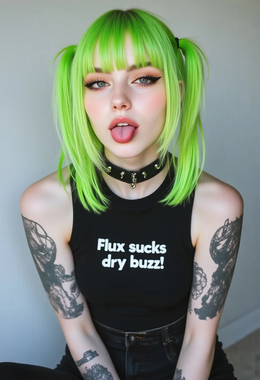 A hyper-realistic portrait of FictionalApple, a goth girl with pale skin and choppy, lime green twintails with blunt bangs. She has piercing, crimson eyes with a look of quiet intensity. Her facial expression is a mix of defiance and hidden vulnerability. She wears a ripped, sleeveless band t-shirt with the words "Flux sucks dry buzz!" neatly printed across the chest. Her body is muscular and toned, with subtle curves, medium weight and her arms are covered in numerous black and white punk tattoos. The goth character has several silver and black piercings on her ears and nose, adding to her raw and rebellious aesthetic. Her skin displays a textured, organic feel. Her toungue is extended out of her mouth and she is using her tongue to try and touch her chin. Visible saliva diripping from tongue. The background is a plain light grey smooth concrete wall. The texture of the shirt should be rough and worn, resembling well-loved punk band merchandise.