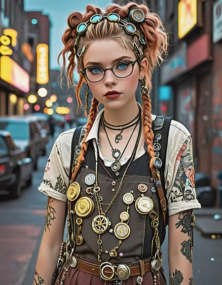 In an atmospheric punk-inspired cityscape, a quirky and nerdy girl with unique style stands out on the street. She wears vintage clothing adorned in gears and cogs, her hair styled into intricate braids held together by metal accessories. Her makeup is subtle yet striking against pale skin, highlighting piercing blue eyes that sparkle under neon signs.' This rephrased version emphasizes specific aspects such as character traits, setting, and desired level of detail.