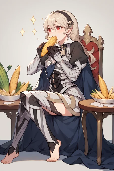 score_9, score_8_up, score_7_up, score_6_up, source_anime, BREAK 1girl, <lora:corrin-pdxl-nvwls-v1-000005:1> defCor, black hairband, armored dress, blue cape, puffy sleeves, juliet sleeves, vambraces, black gloves, armored legwear, barefoot, sitting, table, chair, holding cob of corn, corn, eating, happy