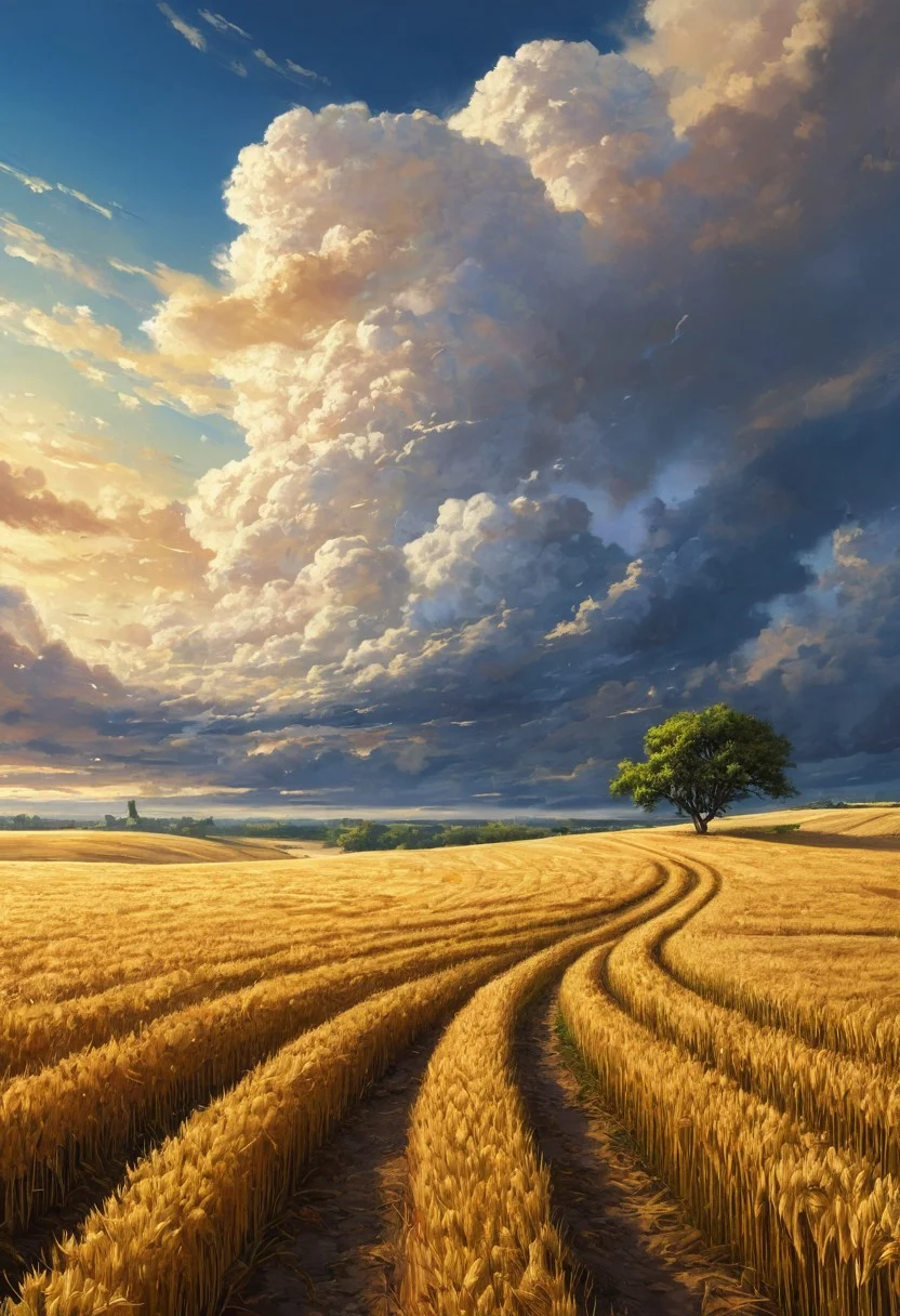 Artwork, anime, cyberpunk, Vibrant Sharp style. A lone dirt path winds through an endless field of golden wheat, leading toward the distant horizon where the sky erupts in a symphony of billowing clouds. Towering formations of cumulus clouds dominate the sky, painted in striking shades of white and deep blue, their voluminous textures masterfully rendered to create depth and movement. Streaks of light pierce through the atmosphere, illuminating patches of the golden field below, highlighting the intricate details of individual wheat stalks swaying in the wind. The perspective draws the viewer's eye toward the vanishing point, creating a sense of vastness and endless possibility. Rendered in a highly detailed, anime-inspired semi-realistic style, this composition captures the breathtaking majesty of an open landscape, where the sky and earth converge in a display of nature's raw beauty.