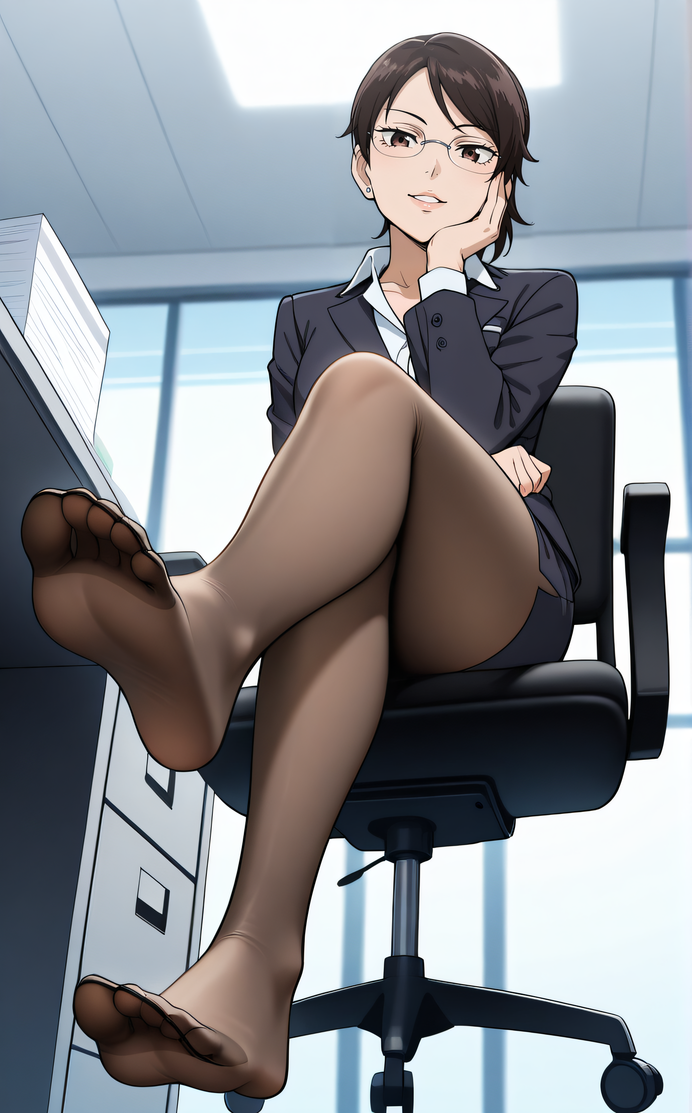 masterpiece, best quality, highres, scenery, newest, 1girl, solo, official style, <lora:Takashima_Rei:1>, takashimarei, glasses, office lady, jacket, pencil skirt, brown pantyhose, smile, looking at viewer, indoor, crossed legs, from below, feet, feet focus, five toes, parted lips, fist on own cheek, full body, sitting on office chair, indoor