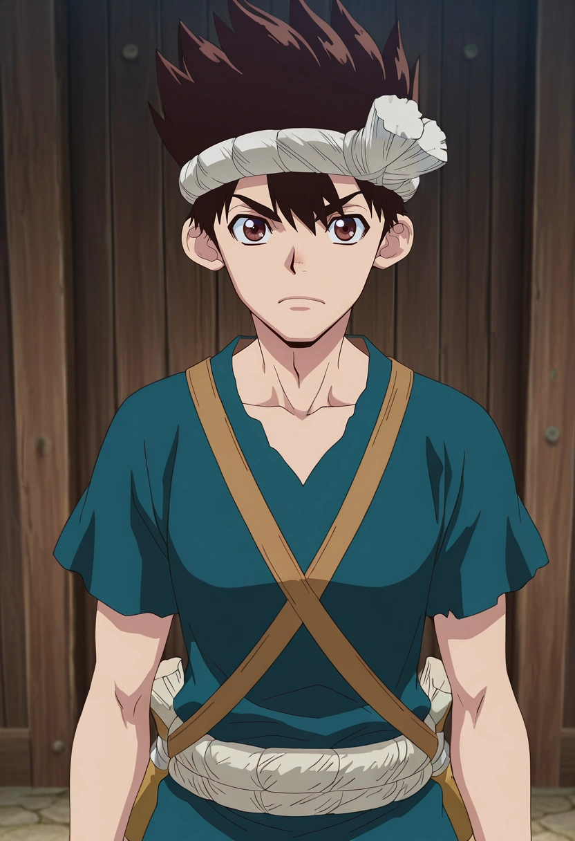 masterpiece, best quality, , anime screencap, , official style, looking at viewer, 1boy, solo, male focus, <lora:chrome_dr_stone_ilxl:1>, chrome_dr_stone, brown hair, brown eyes, short hair, spiked hair, , ,