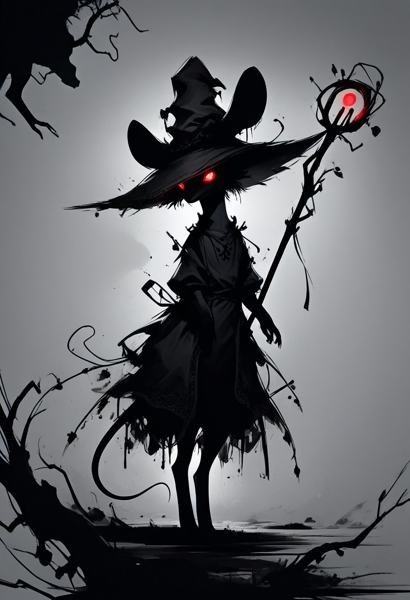 score_9,score_8_up,score_7_up,score_6_up,score_5_up,score_4_up, (((red))), backlight colors, (silhouette:2), backlighting, glowing red eyes, high contrast, vivid lighting, (((mouse))), (solo), (solo:2), furry, (feral:1.5), swamp, dress, witch hat, (holding magic staff:1.2), monochromemuse, monochrome, greyscale, rinotuna, dark aura