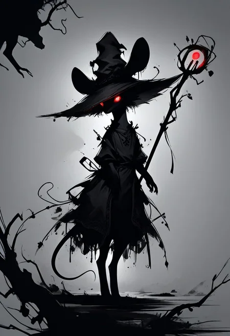 score_9,score_8_up,score_7_up,score_6_up,score_5_up,score_4_up, (((red))), backlight colors, (silhouette:2), backlighting, glowing red eyes, high contrast, vivid lighting, (((mouse))), (solo), (solo:2), furry, (feral:1.5), swamp, dress, witch hat, (holding magic staff:1.2), monochromemuse, monochrome, greyscale, rinotuna, dark aura