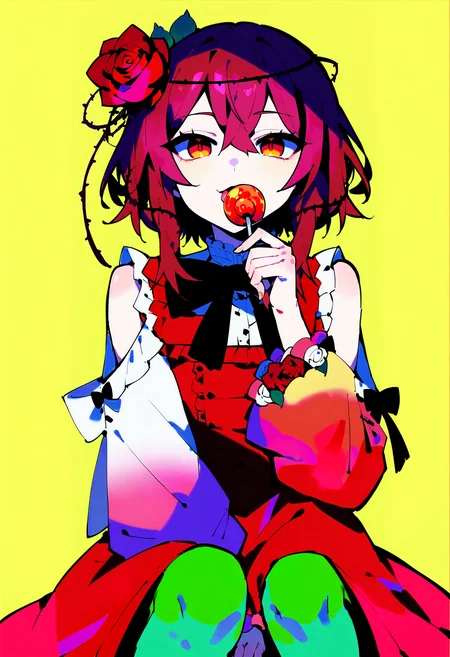 score_9, score_8_up, score_7_up, uncensored, source_anime, 1girl, <lora:sprosemiLovelockXLPony:1> rosemi1st, red rose, hair flower, thorns, shoulder cutout, red dress, black bow, gradient sleeves, green pantyhose, hand up, holding, holding candy, holding food, holding lollipop, looking at viewer, sitting, solo, tongue, tongue out, cowboy shot, simple background, towel, yellow background, :3