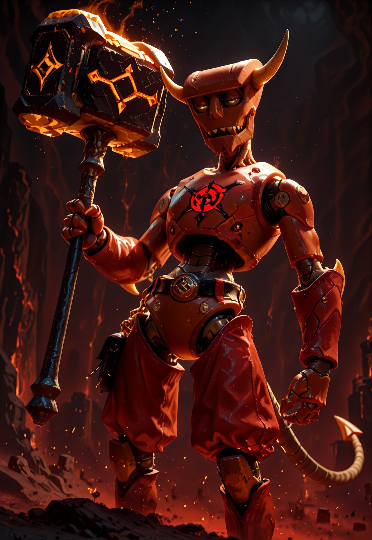 Flatline, Flat vector illustration, masterpiece, best quality, good quality, very aesthetic, absurdres, newest, 8K, depth of field, focused subject, dynamic angle, close up, b33lz3b0t, humanoid robot, solo, tail, half-closed eyes, hammer, holding, magical hammer, red arcane glow, closeup, hell background