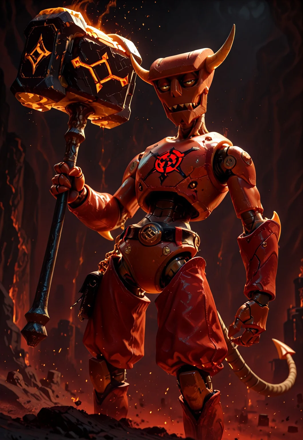 Flatline, Flat vector illustration, masterpiece, best quality, good quality, very aesthetic, absurdres, newest, 8K, depth of field, focused subject, dynamic angle, close up, b33lz3b0t, humanoid robot, solo, tail, half-closed eyes, hammer, holding, magical hammer, red arcane glow, closeup, hell background