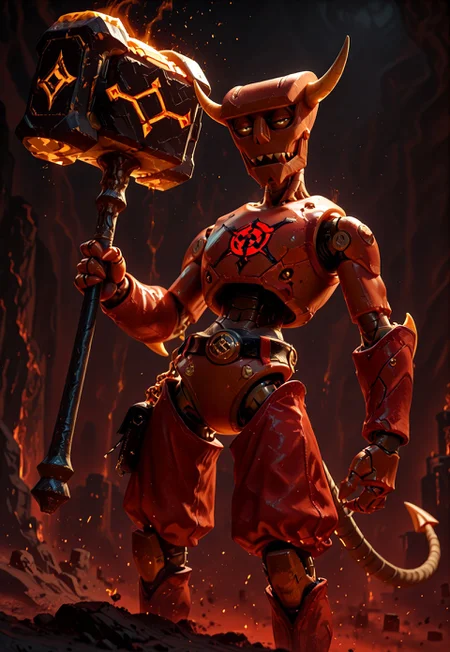 Flatline, Flat vector illustration, masterpiece, best quality, good quality, very aesthetic, absurdres, newest, 8K, depth of field, focused subject, dynamic angle, close up, b33lz3b0t, humanoid robot, solo, tail, half-closed eyes, hammer, holding, magical hammer, red arcane glow, closeup, hell background