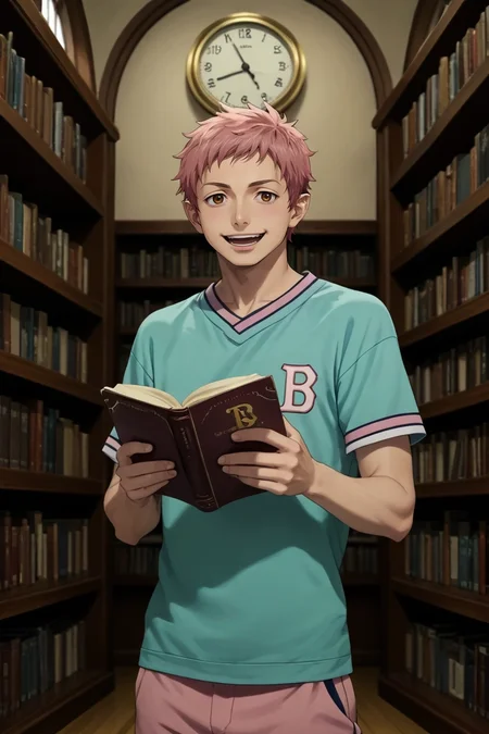 score_9, score_8_up, score_7_up, source_anime, rating_safe, , (realistic:0.6), , depth of field, 1boy, solo, male focus, <lora:renzou_shima_pony:0.98>, renzou_shima, pink hair, brown eyes, short hair, time library, temporal portals, floating books, clock towers, reading pose, absorbed expression, golden light, male Aging gracefully Broad, Central Asian, Golden eyes, Pointed Ears, Soft Jaw, High Cheekbones, Graceful Posture, , Blonde High fade hair, Laugh, wearing Lavender Cargo boardshorts, Baseball jersey, Canvas sneakers, ,, Hands on the back of the neck, indicating frustration or stress, <lora:sdxl_lightning_8step_lora:1>