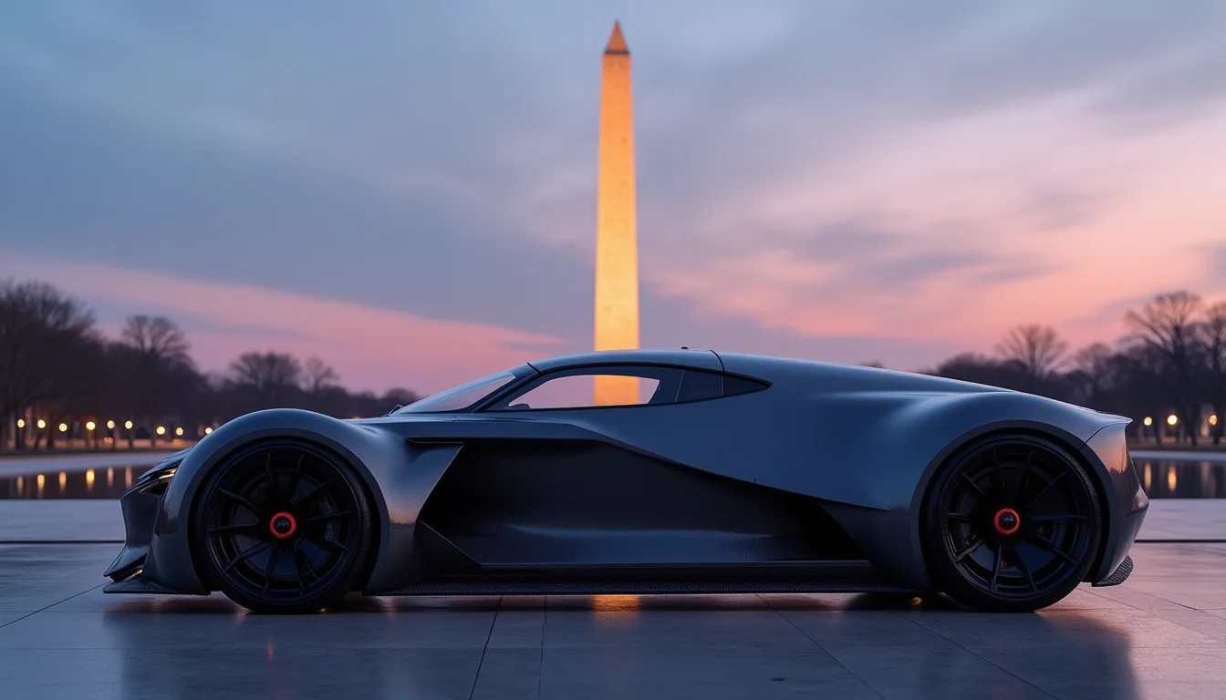 A picture of a futuristic yfg-sde in front of the Washington Monument at dusk. The camera is positioned perfectly perpendicular to the side of the car.