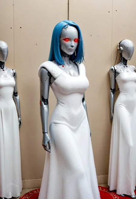 A 35mm photo a woman, she is a humanoid robots , robotic body, vibrant green robotic eyes, freckles, smooth featureless silver grey robotic skin, robotic aerials, metallic dark blue hair, elegant red Christmas satin dress with white fur trim,
mannequin, faceless, egghead, noface, cyborg, TheFaceLess