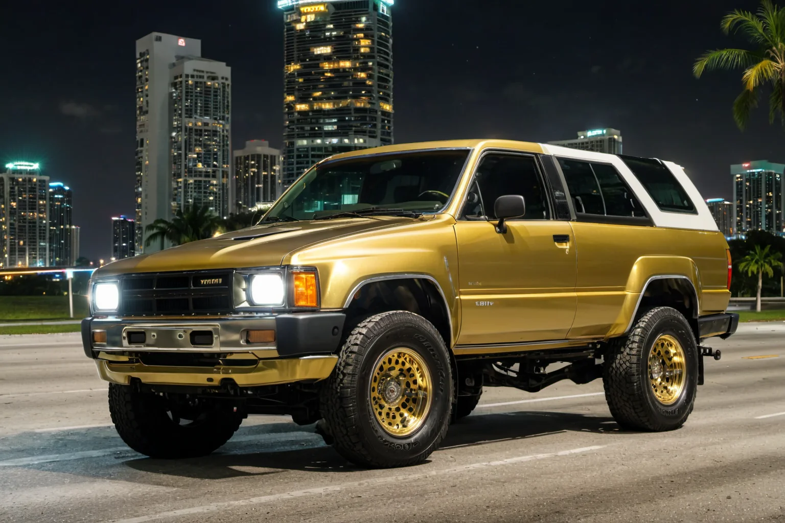 4runner1, miami at (night), skyscrapers, (freeway), (traffic), ((gold):0.9) body, 8k, uhd, dslr, perfect focus, (lights on)<lora:4runner1_SDXL_v1:0.8> <lora:xl_more_art-full_v1:0.4>