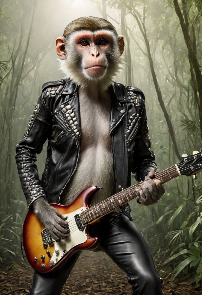 "Vervet monkey", "ultra realistic with high quality and ultra detail with excellent focus of Vervet monkey, presented as a rocker, rocker leather jacket and rocker leather hat on his head, playing electric guitar, in a scene with a lot of svelte and explosive effects, in jungle, forest,