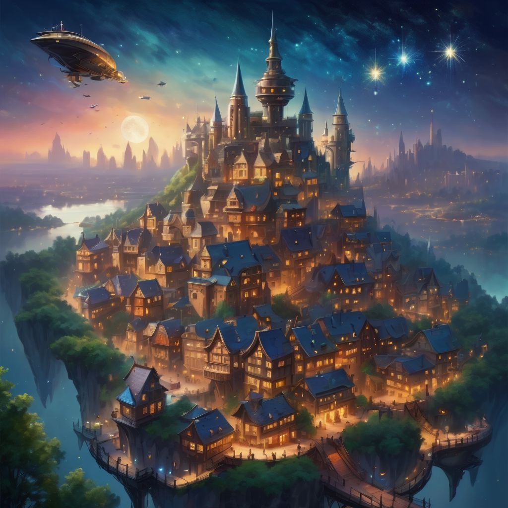 fantasy city overlooking a forest, bustling nightlife with flying ships, floating castle, starry night