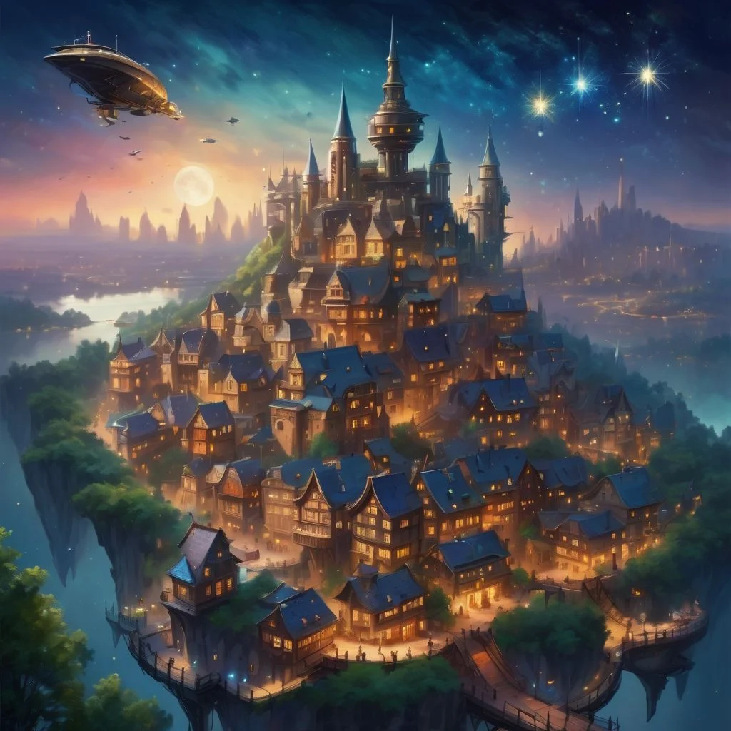 fantasy city overlooking a forest, bustling nightlife with flying ships, floating castle, starry night