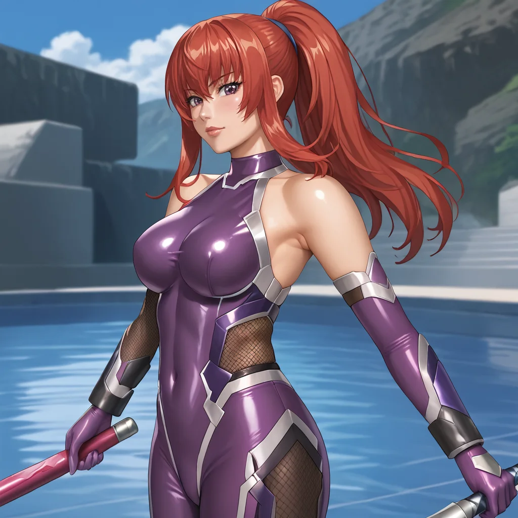 <lora:karinshadowheart_pony_v1:.8>KarinShadowHeart, 1girl, red hair, ponytail, cowboy shot, facing the viewer,  <lora:0936 Asagi Igawa (taimanin suit)_v1_pony:1> ruanyi0936,taimanin suit,bare shoulders,purple bodysuit,elbow gloves
