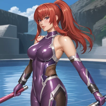 <lora:karinshadowheart_pony_v1:.8>KarinShadowHeart, 1girl, red hair, ponytail, cowboy shot, facing the viewer,  <lora:0936 Asagi Igawa (taimanin suit)_v1_pony:1> ruanyi0936,taimanin suit,bare shoulders,purple bodysuit,elbow gloves
