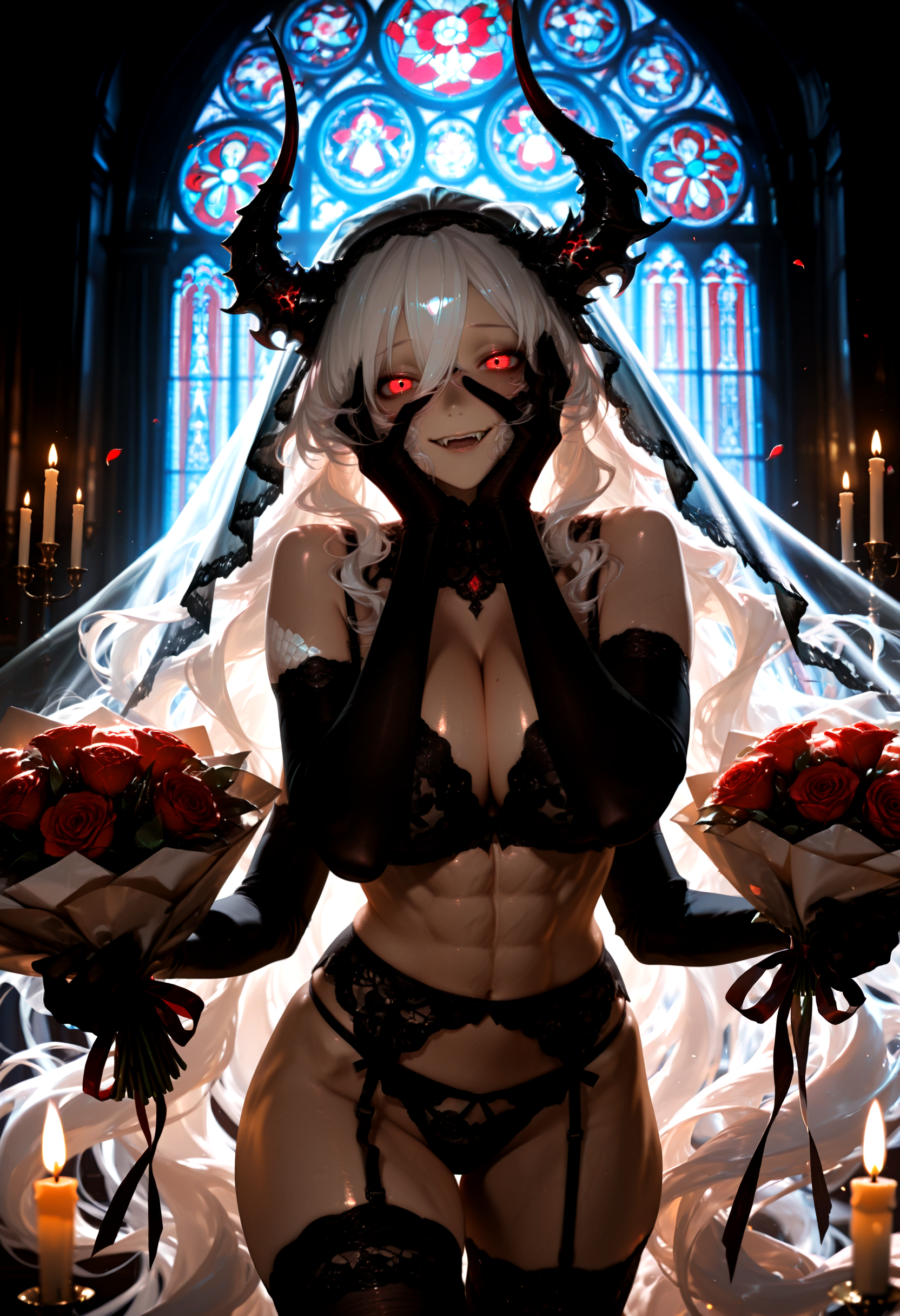 monster girl, horns, fangs, red eyes, glowing eye, white hair, wavy hair, absurdly long hair, yandere trance, crazy smile, multicolored scales, abs, curvy figure, muscular, embroidery, black bridal lingerie, black bridal veil, black elbow gloves, lace panties, black thighhighs, garter belt, multi arm, 4 arms, clawed hands, BREAK holding bouquet, hands on own face, looking at viewer, backlighting, rim light, dark room, candlestand, candlelight, smoke, stained glass, petals, shiny skin, BREAK masterpiece, best quality, detailed, detailed background, detailed clothing, detailed hair, mole, wrinkles, skin folds, intricate, volumetric lighting, dramatic lighting, very awa, very aesthetic, dynamic, cinematic, BREAK