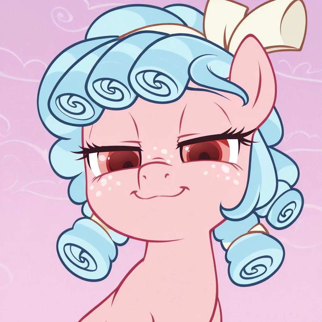 pony, 1girl, solo, feral, pony, mare, cg-mlp, pony, pegasus, pink body, red eyes, pale blue hair, ringlets, yellow hairband, freckles, face_focus, funny_picture, :3, tounge_out,smug_face