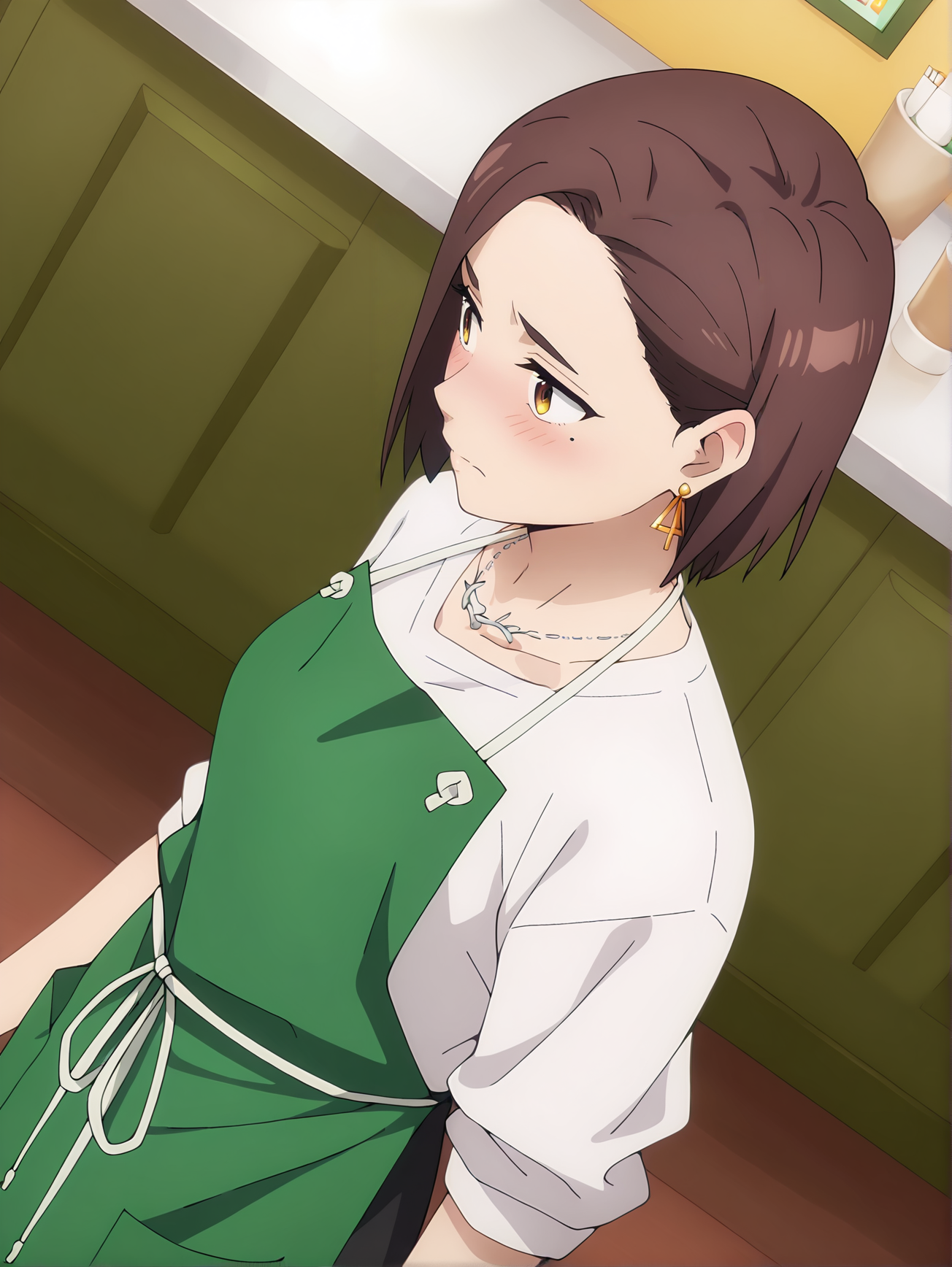 <lora:Kotoha_Tachibana_Characters:0.8>kotoha_tachibana, 1girl, solo, brown eyes, brown hair, short hair, green full apron, white shirt, looking away, earrings, silver necklace, mole under right eye, sleeves rolled up, black skirt, blushing, embarrassed, upper body, ultra dynamic pose, coffee shop