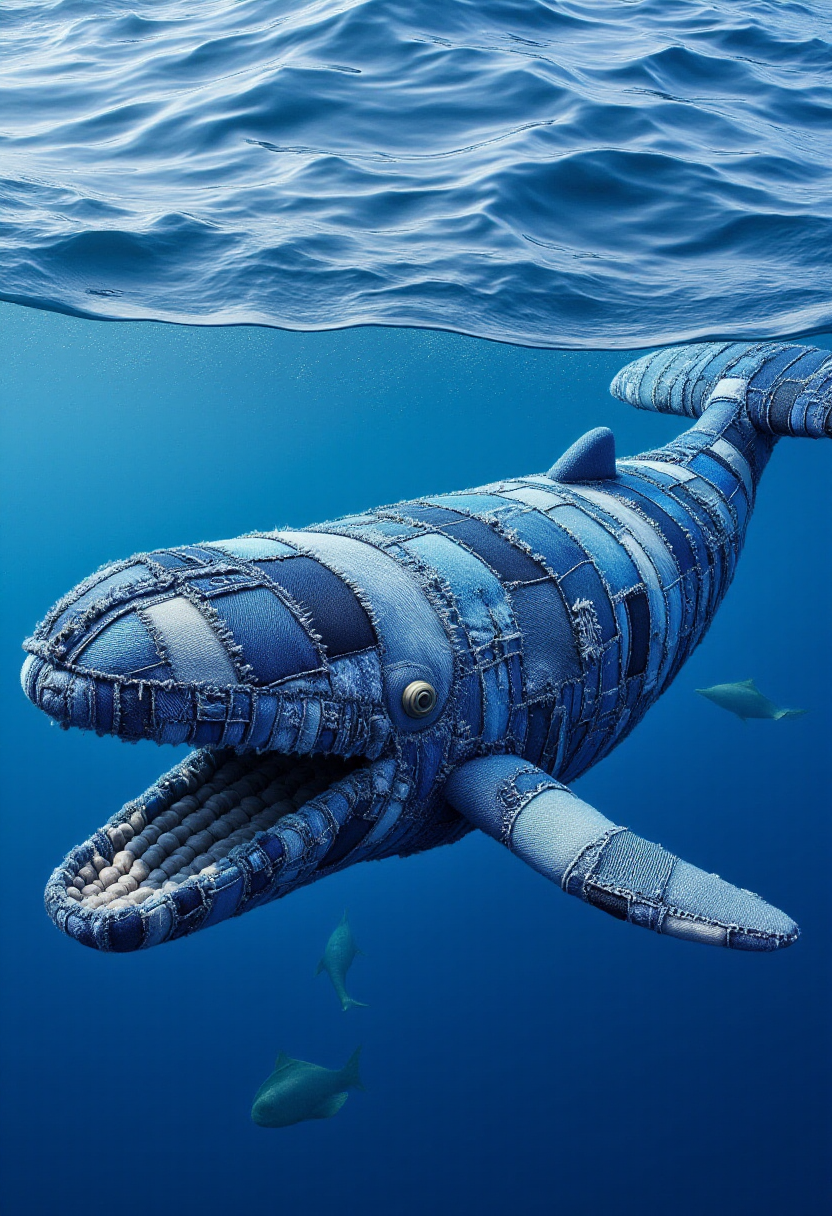 <lora:Denim_Dreamer_FLUX-000021:0.9>  
The image is a CGI rendering of a whale  designed to resemble a patchwork quilt made from denim fabric, complete with a whimsical, surreal deep sea aesthetic.