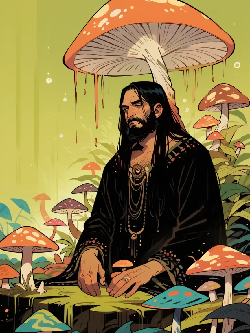 Ugly score_9, score_8_up, score_7_up, score_6_up, mushroom, 1boy, <lora:fl4ttr1p3XLP:0.7> fl4ttr1p, (long hair), black hair, beard,