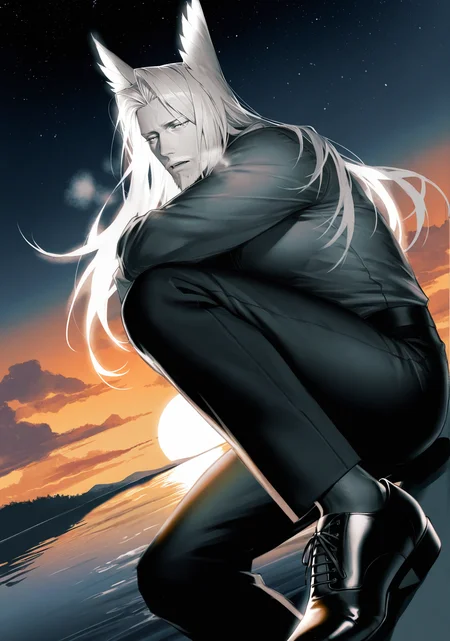 realistic shading,expressive face,looking at viewer,1boy,<lora:HLG5:0.7>,solo,black pants,
male focus,black pants,mature male,long hair,beard,white hair,animal ears,black footwear,old,old man,mature,manly,dynamic angle,masterpiece,best quality,intricately detailed illustration,amazing quality,very aesthetic,absurdres,newest,starry_sky,lake,leaning,heavy_breathing,moaning,slender_waist,jitome,Slightly_open_mouth,exhausted,endured_face,greyscale,no shadow,(water bloom),(delicate glow),(((sunset)), (less stars form a circle), randomly distributed clouds, (rivers),,,,tuxedo,,, score _9,score_8_up, score_7_up,source_anime,rating_explicit,