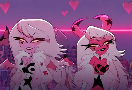 heart floating, heart-shaped pupils, aroused, heart eyes, cupid arrow, Valentine's day themed, Verosika, Succubus, Pink Skin
