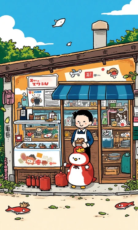 A rural convenience store serving all kinds of fish, surreal and imaginative <lora:flux-test\flux.1_lora_flyway_simple-illustration.safetensors:1.1:1.1>