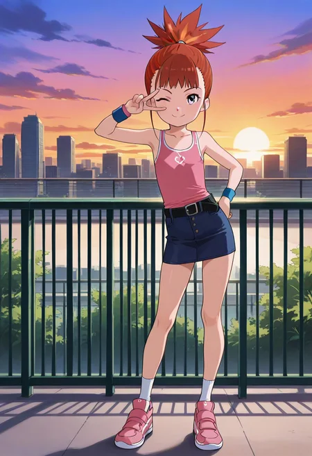 masterpiece, best quality, amazing quality,
 <lora:RikaV2:0.8> rikanonaka, red hair, ponytail, two-tone hair, orange hair,
1girl, solo, small body, flat chest, purple eyes, one eye closed, winck, smile, closed mouth, looking at viewer,
BREAK
(collarbone, tight-fitting pink tank top, black belt, blue wristband, pink watch, blue denim skirt, bare legs, white socks, pink tennis shoes), full body,
BREAK
standing, (v over one eye, one eye closed, contrapposto, hand on own hip), outdoor, ((terrace, railing, city view, buildings, skyscraper, sunset, clouds)),