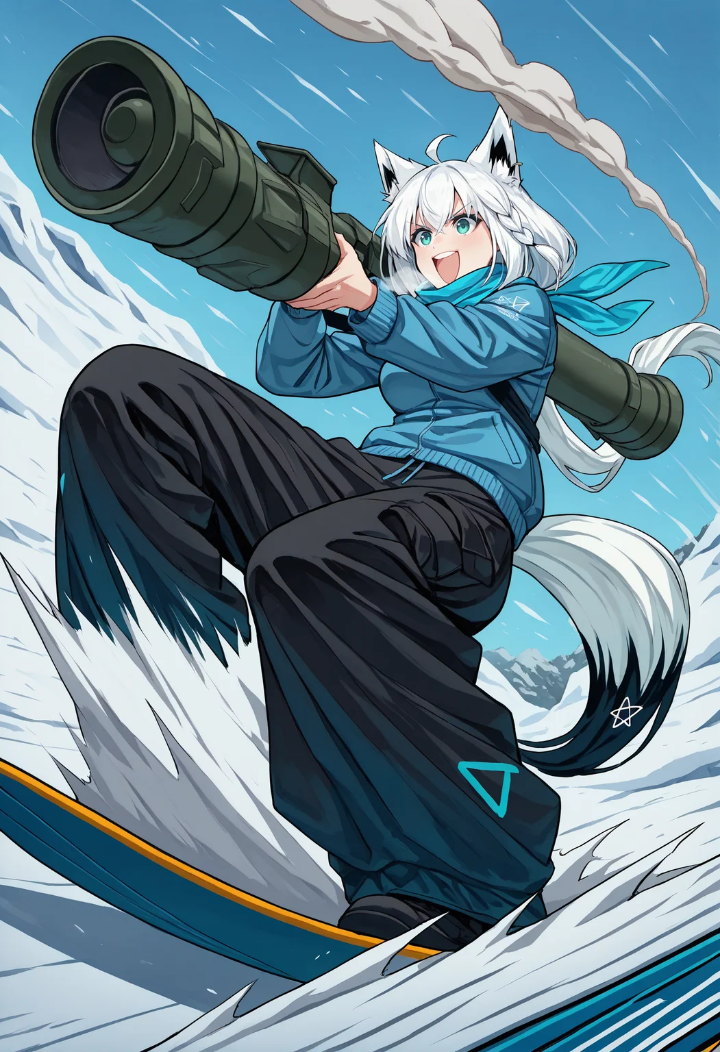 masterpiece, best quality, pose, dynamic pose, snow, surfboard, surfing, from below, dutch angle, 1girl, winter clothes, jacket, baggy pants, scarf, shirakami fubuki, smile, open mouth, excited, motion lines, motion blur, speed lines, full body, holding weapon, rocket launcher, steam, smoke,