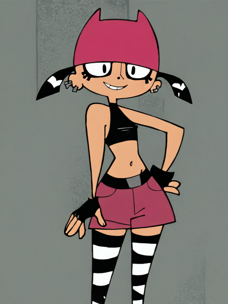 <lora:TiffPony1.0:1> tiff, 1girl, black hair, mascara, ear piercing, short hair, short twintails, solo, smile, pink cat hat, black eyes, black crop top, black fingerless gloves, navel, pink shorts, striped thighhighs, standing, looking at viewer, score_9, score_8_up, score_7_up, score_6_up, score_5_up, score_4_up,flat chest, covered nipples,