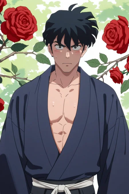 gay male, zPDXLxxx, source_anime, score_9, score_8_up, score_7_up, score_6_up, score_5_up, score_4_up <lora:Tatewaki_Kuno:0.7> 1boy, male focus, tatewaki_kuno, black hair, black eyes, thick eyebrows, japanese clothes, kimono, open clothes, large pectorals, holding red roses, blushing <lora:Expressive_H:1> startled expression, expressiveh