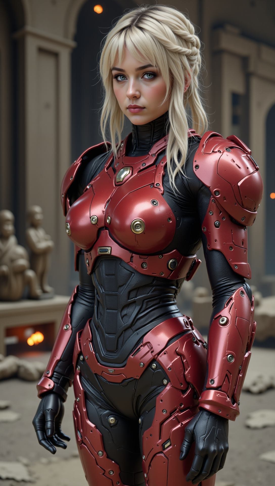 candid full body studio-quality shot of a white woman clad in Warhammer 40k-inspired power armor—crimson and black plating with gold trim accents, brutalist shaping, shoulder pauldrons with gothic etching, vented back unit, matte black undersuit with mechanical ribbing. Feminine build with bold armored breastplate, powerful stance. Background: sci-fi temple hangar with looming statues and burning incense brazier.








ftlas-mk.1
