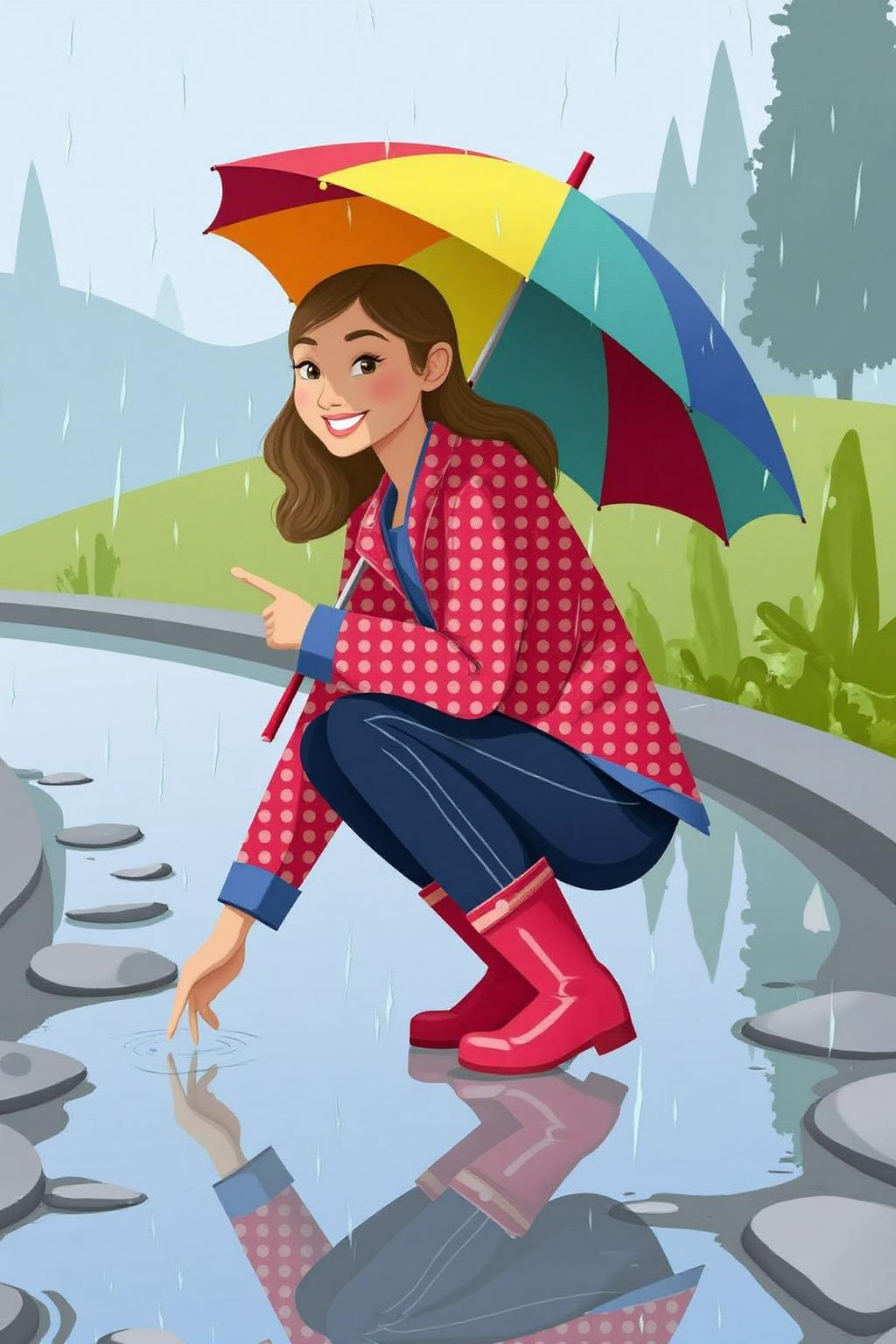 vector art. 
A young woman, angled from slightly above and to the right, crouching low to the ground in a puddle. The young woman is wearing bright red rubber boots and a red jacket with white polka dots. The jacket sleeves are pushed up to reveal blue cuffs. The young woman also wears dark blue jeans and has a smile on her face as she extends her right index finger to touch the water in the puddle. Above the young woman is a large, open umbrella with rainbow-colored panels and a red handle. The ground is wet and paved with grey stones, reflecting the sky and umbrella. The background is slightly blurred, showing hints of green grass and trees. The lighting is overcast and diffused, typical of a rainy day. <lora:vectorart1_cap_d6a3:1.0><lora:844285245193824764:0>