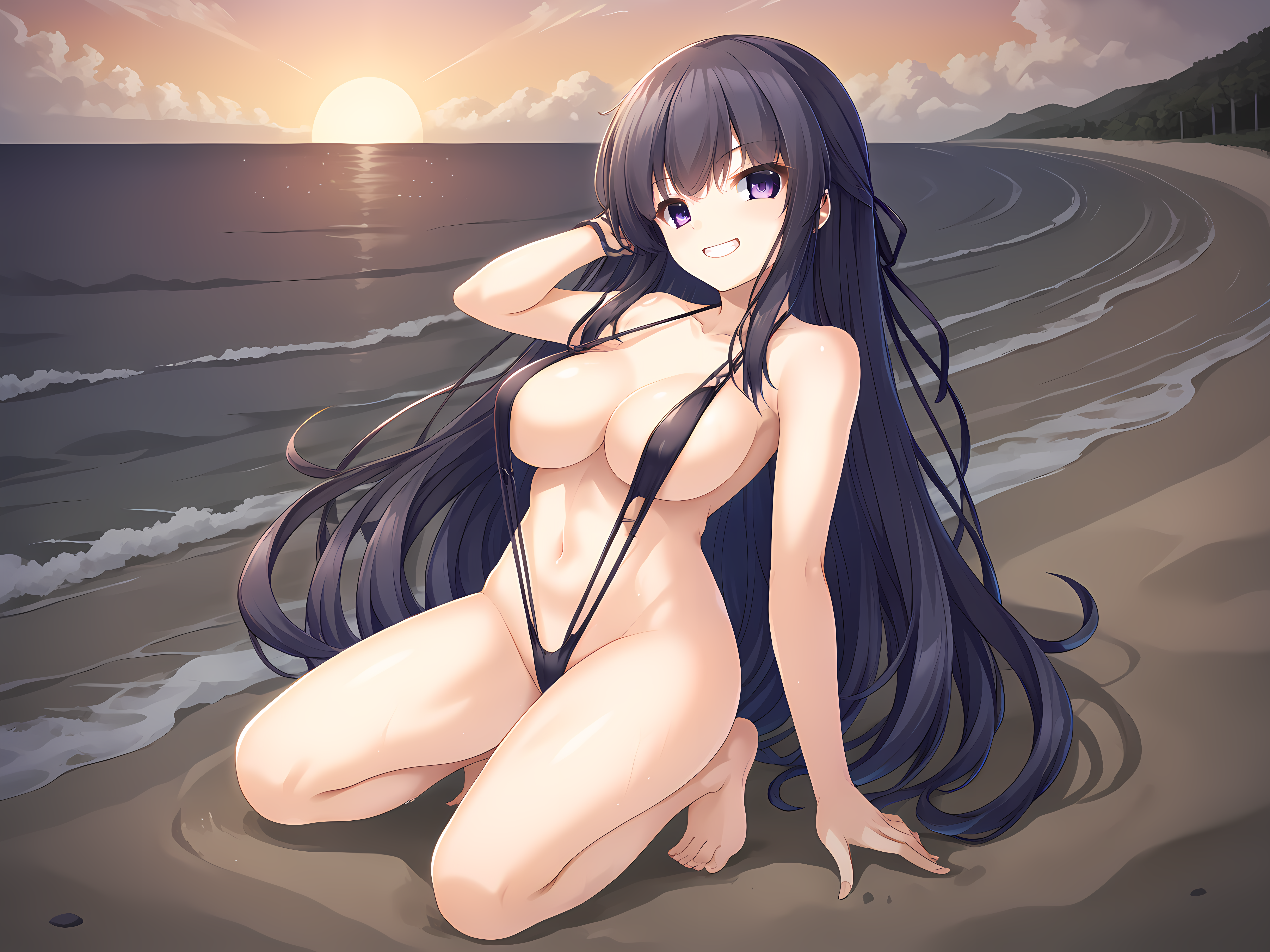 breasts,1girl,escude,kagami,purple eyes,large breasts,barefoot,full body,outdoors,beach,gravure,kneeling,idol,slingshot swimsuit,grin,sexually suggestive,water,waves,lighthouse,sunset,sand,<lora:ESCUDE_-_Haisen_Shoujo_-_Kagami:0.9>,, score_9, score_8_up, score_7_up,source_anime,(masterpiece),(best quality),(ultra-detailed),(best illustration),(best shadow),(absurdres),(detailed background),(very aesthetic),source_anime
