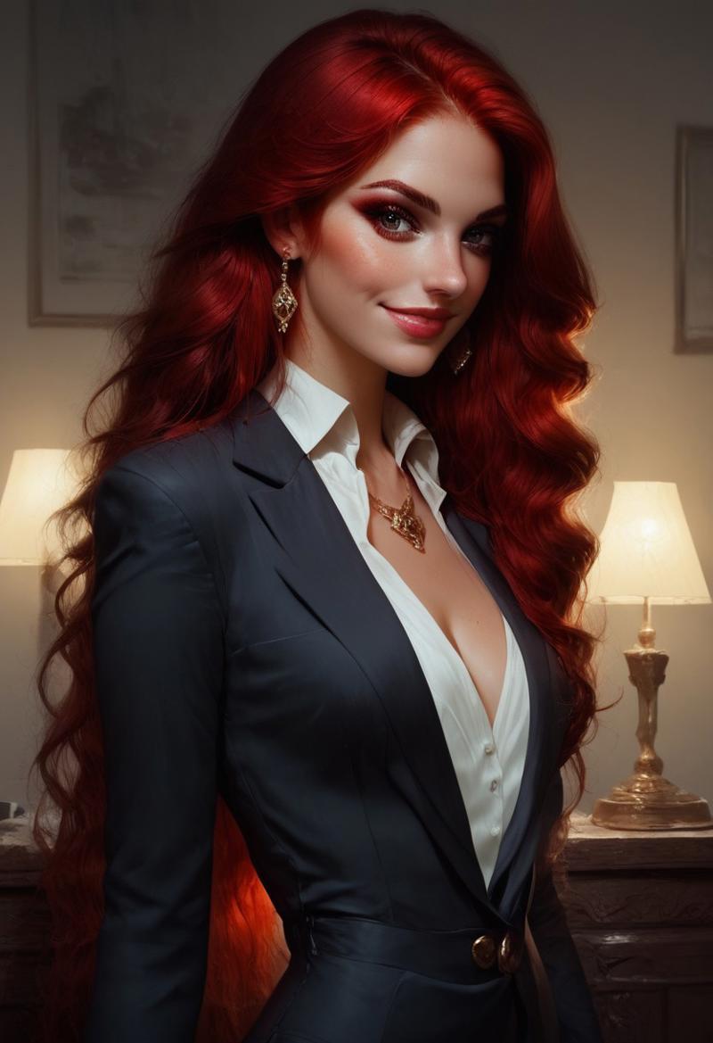 score_9, score_8_up, score_7_up, standing,
1girl, Masterpiece illustration, very detailed face, beauty, stunning and beautiful smile, detailed dark eyeliner and eyeshadow, thick long red hair, (red hair), detailed juicy cleavage, very sexy slim figure, elegantly sexy, dressed in a black and grey business suit, in her office, ambient light, rim light, flirty and sexually attractive, earrings, gold jewelry, thigh highs, dynamic view,