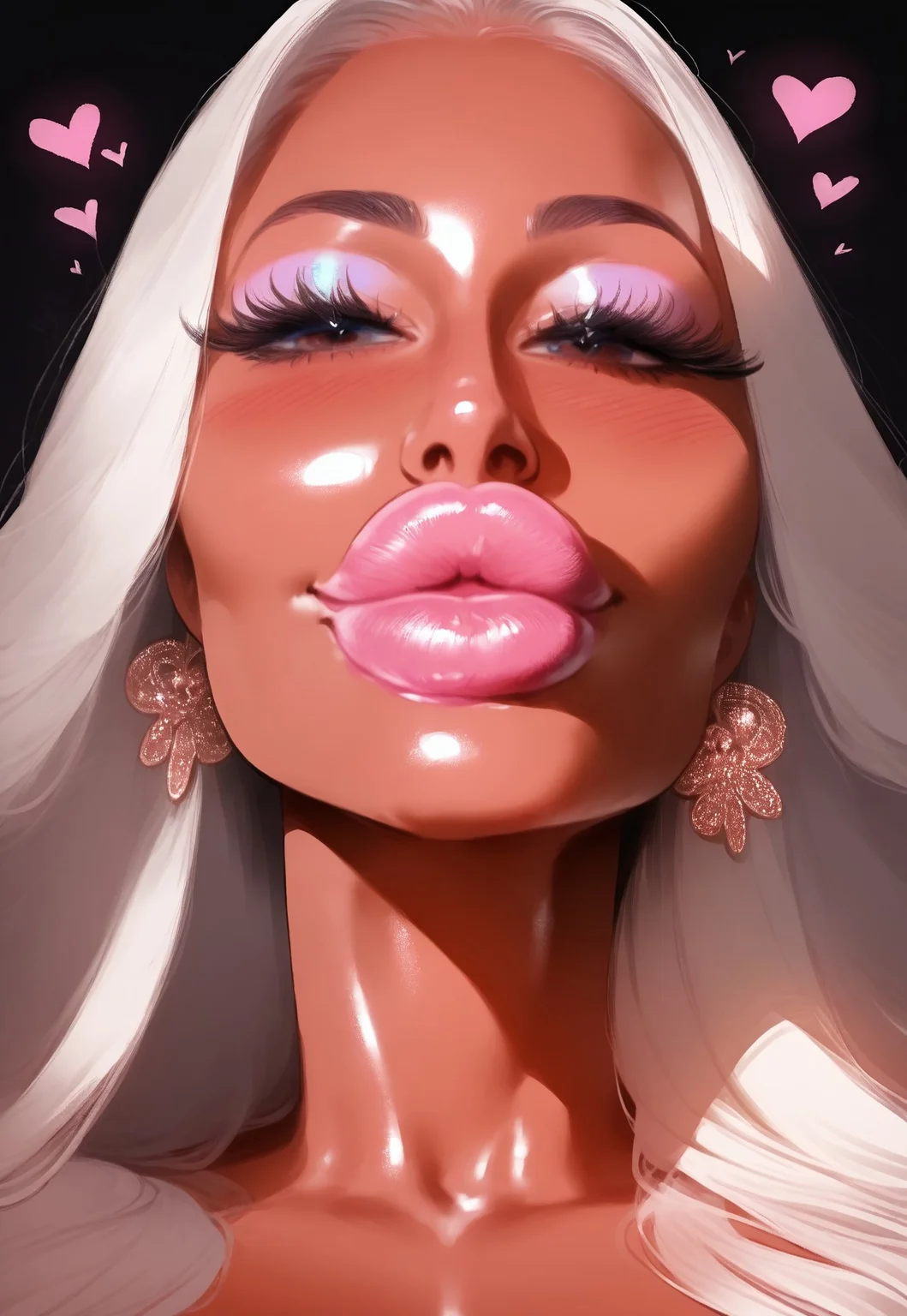 safe_pos, (score_9, score_8_up, score_7_up, best quality, high quality, masterpiece, realistic, photorealistic), ((face focus, portrait, beautiful eyes, detailed eyes)), detailed, high resolution, accurate anatomy, flawless, complex, absurdres, 4k, perfect lighting, (beautiful face, detailed face, shiny skin, tanned skin, bimbo, mature female, milf, long eyelashes, eyeshadow, mascara, very long hair, straight hair, shiny hair, blushing), ((plump lips, shiny lips, lip gloss, glossy lips)), (flying hearts, hearts around head, looking at viewer, seductive smile, sexy smile)