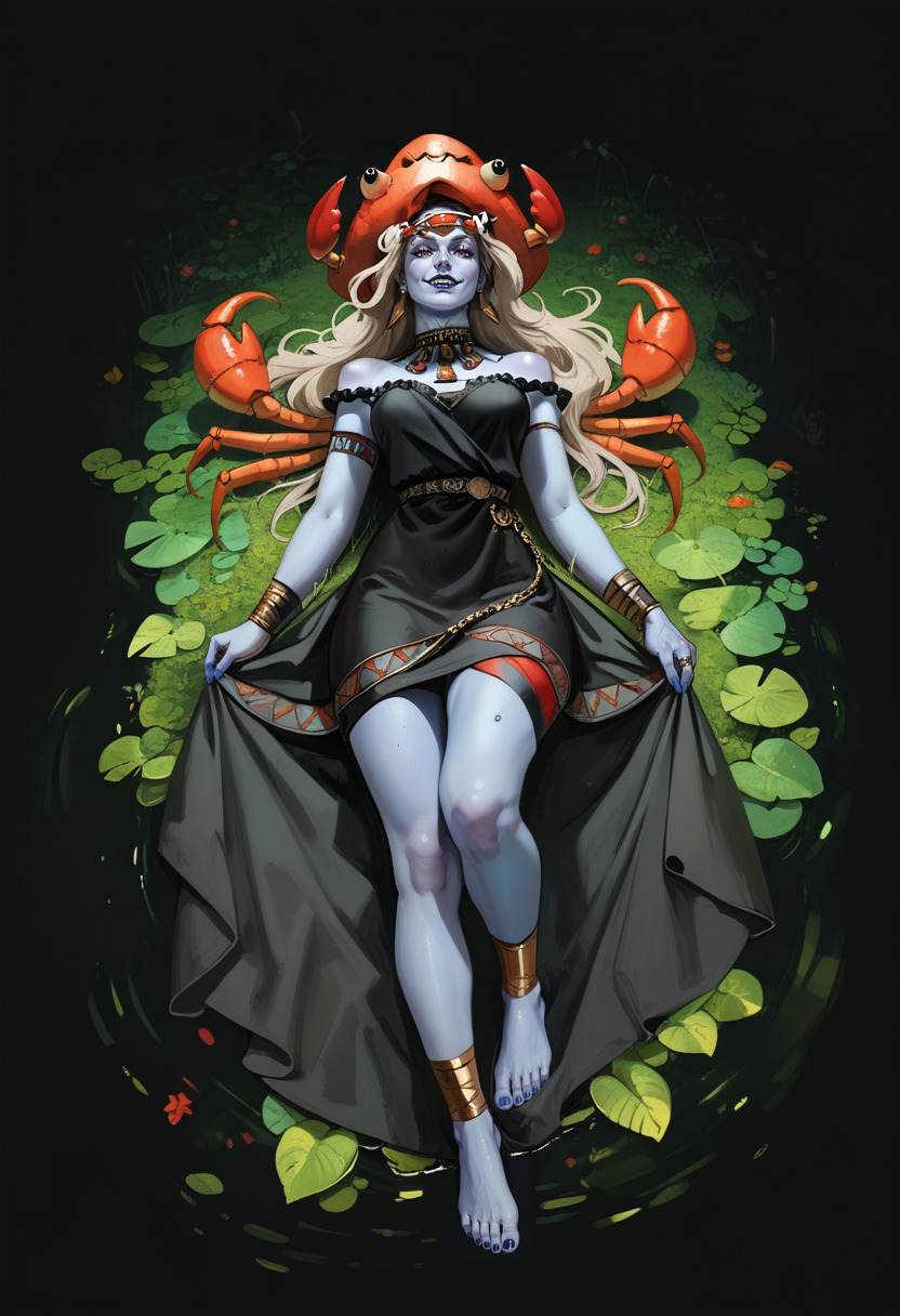 score_9, score_8_up, score_7_up, score_6_up, score_5_up, full body, Alecto as a beautiful woman, headCrab hat on her head, (Crab on head), dress, jewellery baggy clothes trending fantasy dress large bandage and a veil-lantern laying illuminates in a gothic dress with ribbons, (blue skin:1.2), 
<lora:Alectoha:0.85>, <lora:HeadCrab:0.25>