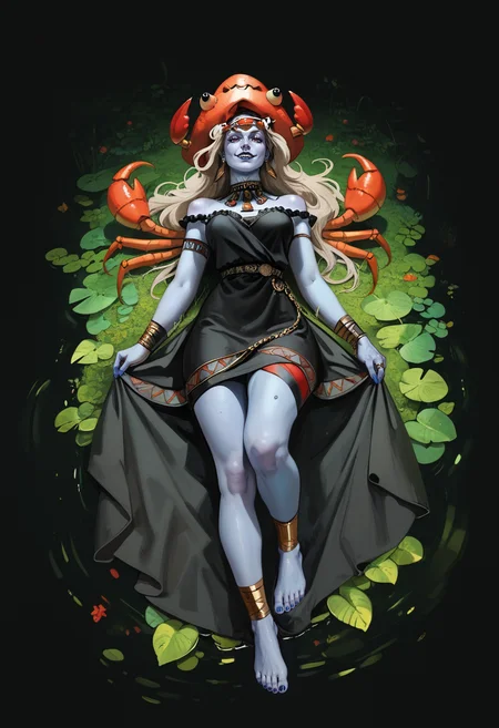 score_9, score_8_up, score_7_up, score_6_up, score_5_up, full body, Alecto as a beautiful woman, headCrab hat on her head, (Crab on head), dress, jewellery baggy clothes trending fantasy dress large bandage and a veil-lantern laying illuminates in a gothic dress with ribbons, (blue skin:1.2), 
<lora:Alectoha:0.85>, <lora:HeadCrab:0.25>