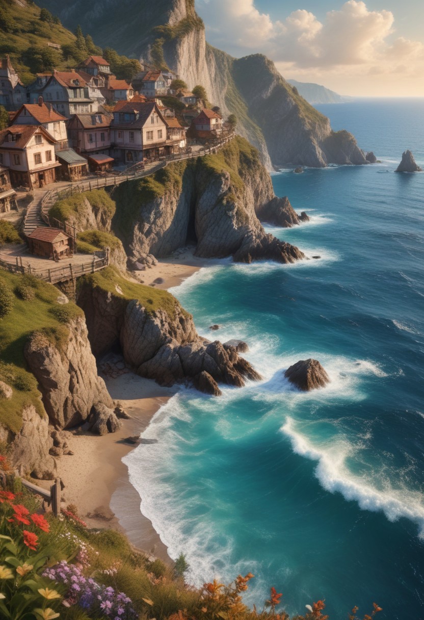 fantasy style, seaside, masterpiece, best quality, fantasy world magical landscape, ((realistic)), intricate details, 8k, highres, sharp image, sharp focus, mesmerizing, ultra detailed, highiest texture resolution, vivid colors, high quality and detailed scenery, highly detailed image, dynamic angle, depth of field