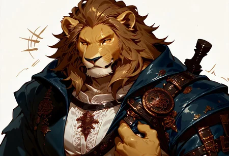 score_9, score_8_up,<lora:bm-v3g-n2-ep1-xl:1>, lindong, furry, anthro, non human, male, hunk fat, bulky, chubby, (Lion, orange eyes, orange fur, brown mane)) huge body, fluffy, ((perfect face, perfect eyes, half-closed eyes)), hi res, absurd res, digital media (art work), sketch, flat colors, lineart, motion lines, clothes(sailor coat, white shirts, blue pants, knife sheath, leather belt, upper body, skyrim background, grab torch